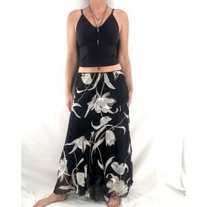 Dark Floral Slip Skirt M Romantic Elegant Fairy Grunge Sheer Overlay Maxi Long